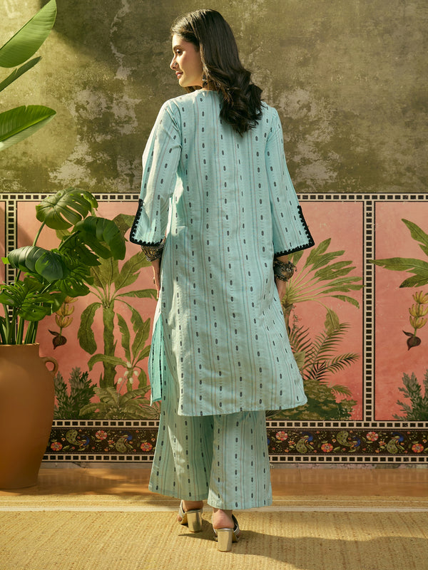 Stylum Women's Sky Blue Solid & Embroidered Cotton Straight Kurta Palazzo Set (KPSKYTHANI)