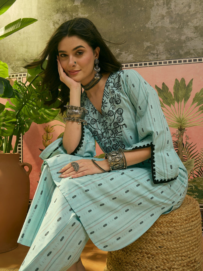 Stylum Women's Sky Blue Solid & Embroidered Cotton Straight Kurta Palazzo Set (KPSKYTHANI)