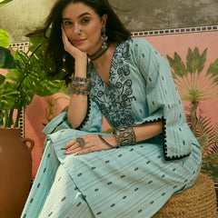 Stylum Women's Sky Blue Solid & Embroidered Cotton Straight Kurta Palazzo Set (KPSKYTHANI)
