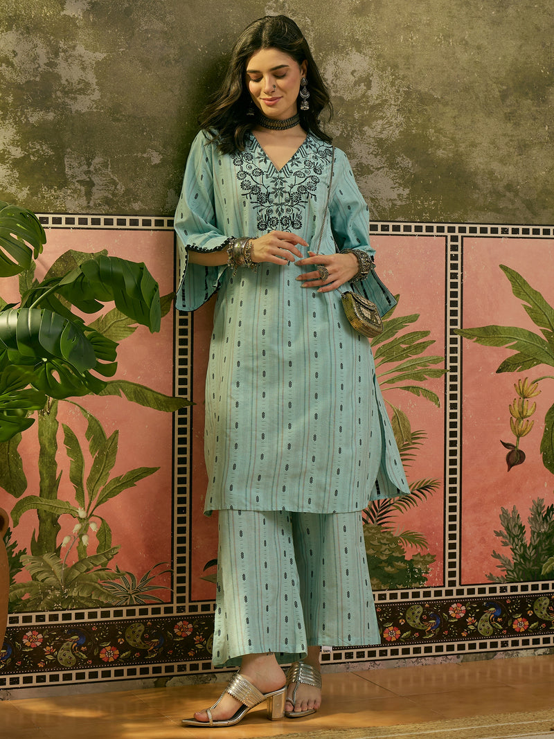 Stylum Women's Sky Blue Solid & Embroidered Cotton Straight Kurta Palazzo Set (KPSKYTHANI)