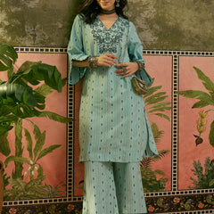 Stylum Women's Sky Blue Solid & Embroidered Cotton Straight Kurta Palazzo Set (KPSKYTHANI)