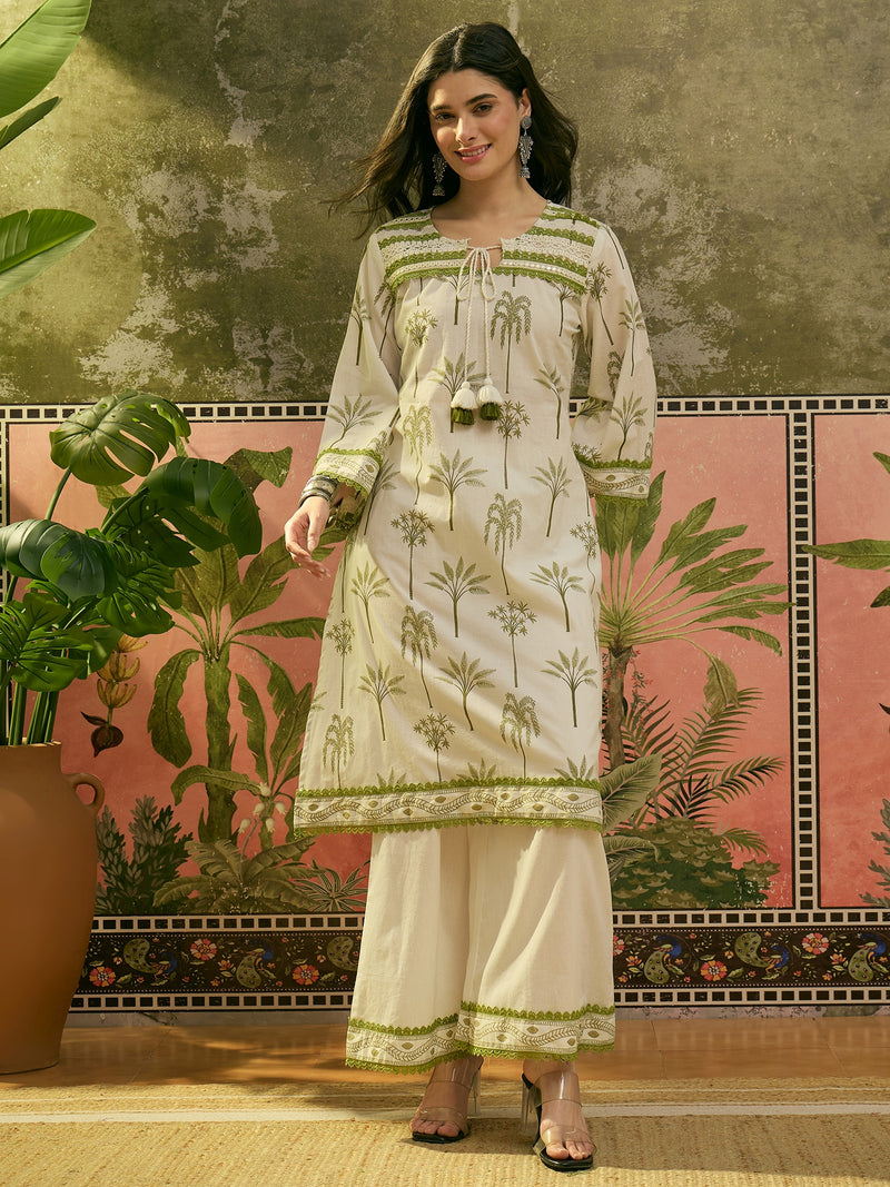 Stylum Women's White Tropical Printed Cotton Straight Kurta Palazzo Set (KPWHITEKIGER)