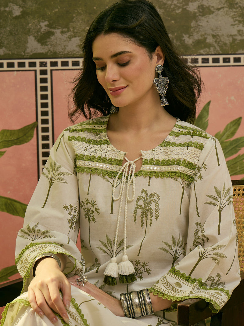 Stylum Women's White Tropical Printed Cotton Straight Kurta Palazzo Set (KPWHITEKIGER)