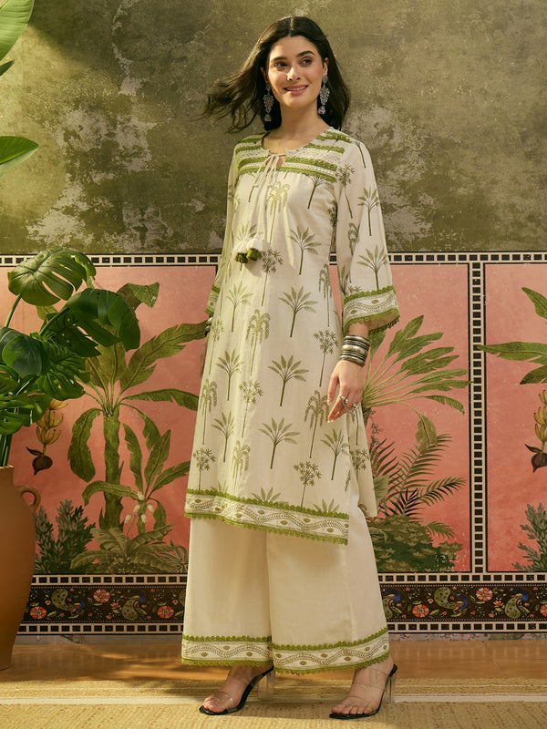Stylum Women's White Tropical Printed Cotton Straight Kurta Palazzo Set (KPWHITEKIGER)