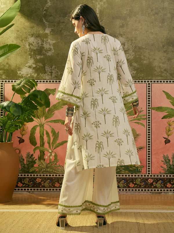 Stylum Women's White Tropical Printed Cotton Straight Kurta Palazzo Set (KPWHITEKIGER)