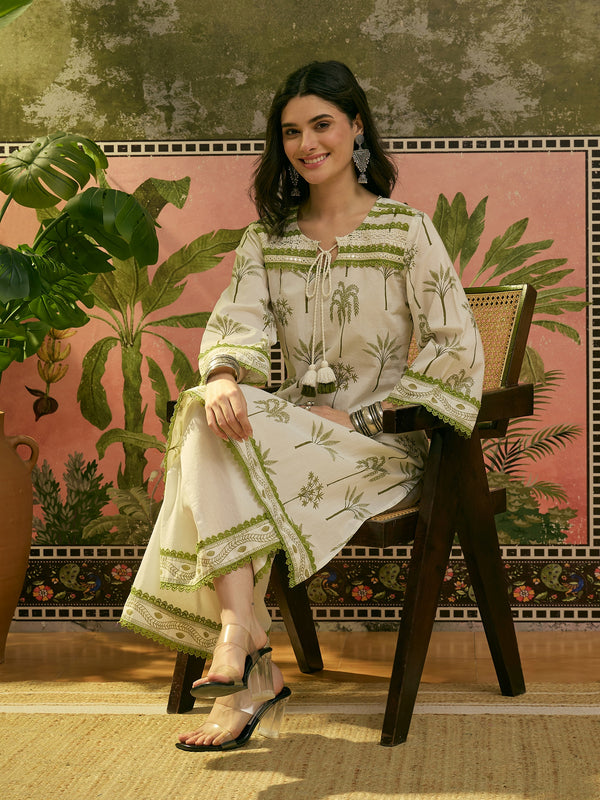 Stylum Women's White Tropical Printed Cotton Straight Kurta Palazzo Set (KPWHITEKIGER)