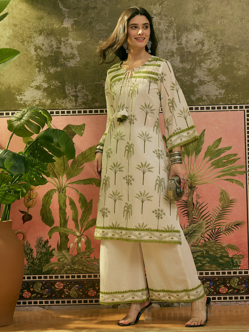 Stylum Women's White Tropical Printed Cotton Straight Kurta Palazzo Set (KPWHITEKIGER)
