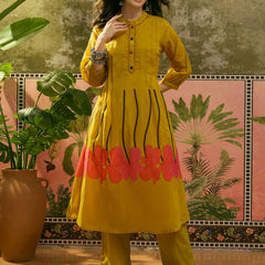Stylum Women's Yellow Solid Printed Voile Straight Kurta Pant Set (KPYELLOWYODA)