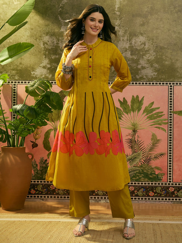 Stylum Women's Yellow Solid Printed Voile Straight Kurta Pant Set (KPYELLOWYODA)