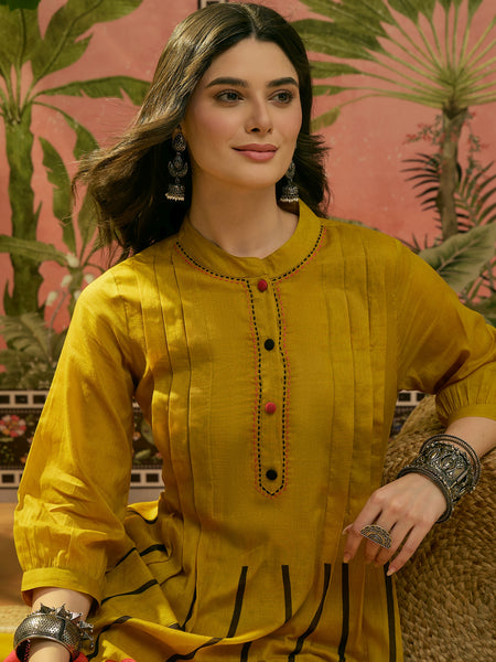 Stylum Women's Yellow Solid Printed Voile Straight Kurta Pant Set (KPYELLOWYODA)