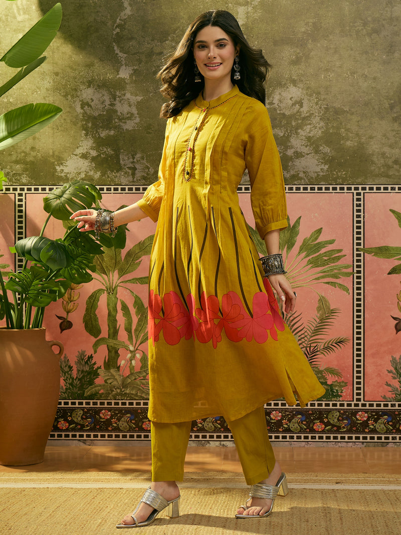 Stylum Women's Yellow Solid Printed Voile Straight Kurta Pant Set (KPYELLOWYODA)