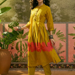 Stylum Women's Yellow Solid Printed Voile Straight Kurta Pant Set (KPYELLOWYODA)
