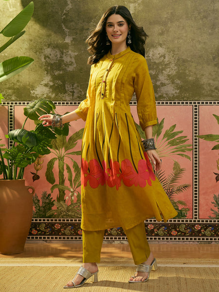 Stylum Women's Yellow Solid Printed Voile Straight Kurta Pant Set (KPYELLOWYODA)
