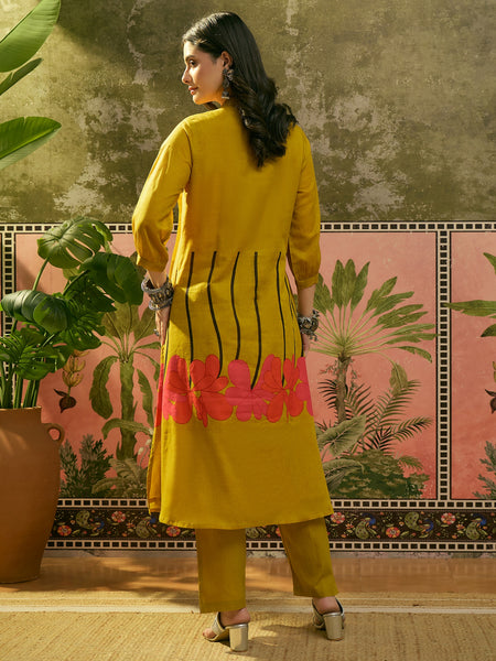 Stylum Women's Yellow Solid Printed Voile Straight Kurta Pant Set (KPYELLOWYODA)