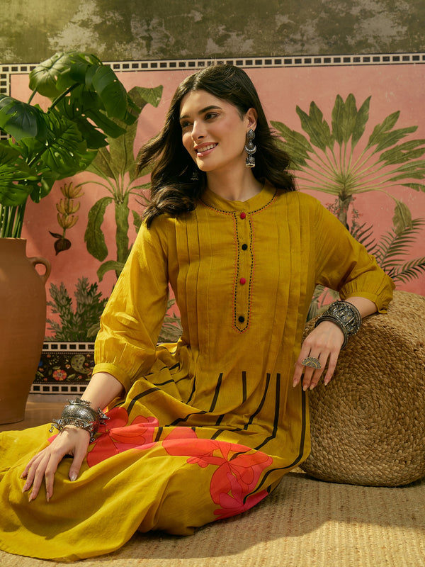 Stylum Women's Yellow Solid Printed Voile Straight Kurta Pant Set (KPYELLOWYODA)