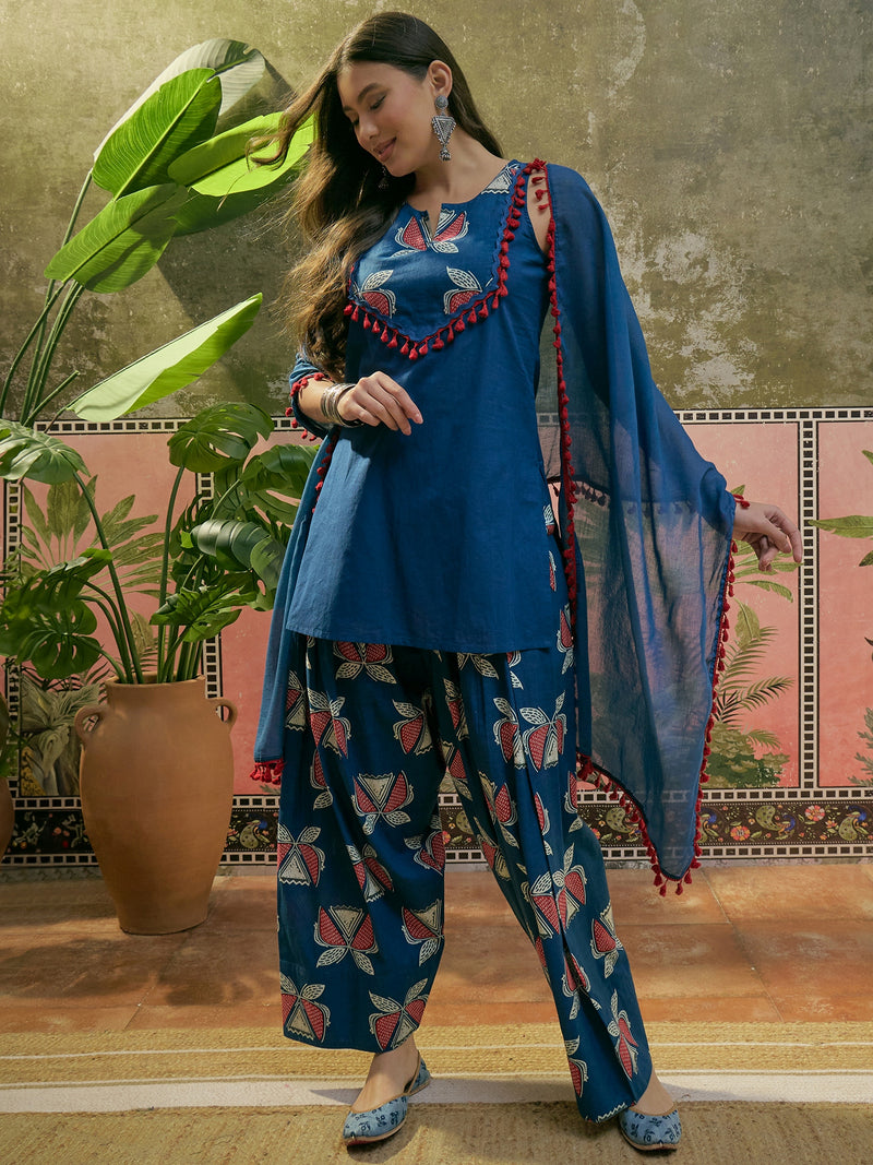 Stylum Women's Blue Solid Cotton Straight Kurti Salwar Dupatta Set (KSDBLUEJUREL)
