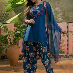 Stylum Women's Blue Solid Cotton Straight Kurti Salwar Dupatta Set (KSDBLUEJUREL)