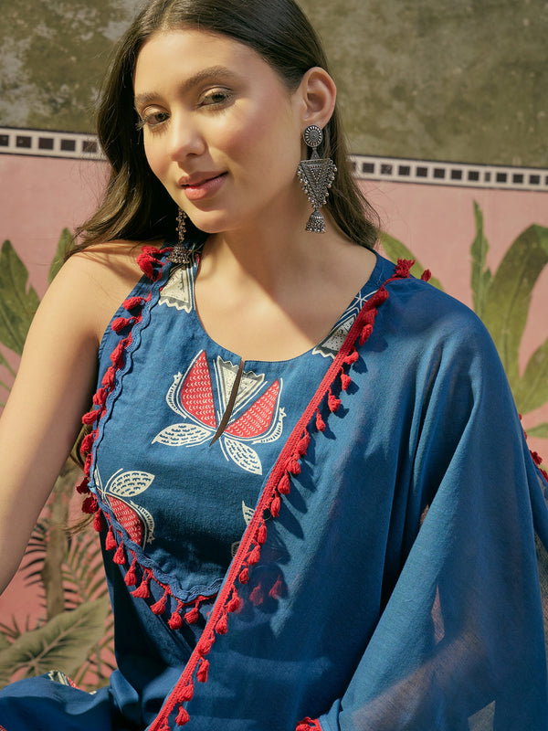 Stylum Women's Blue Solid Cotton Straight Kurti Salwar Dupatta Set (KSDBLUEJUREL)