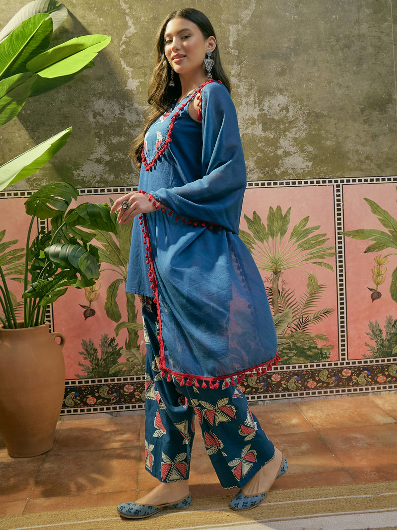 Stylum Women's Blue Solid Cotton Straight Kurti Salwar Dupatta Set (KSDBLUEJUREL)
