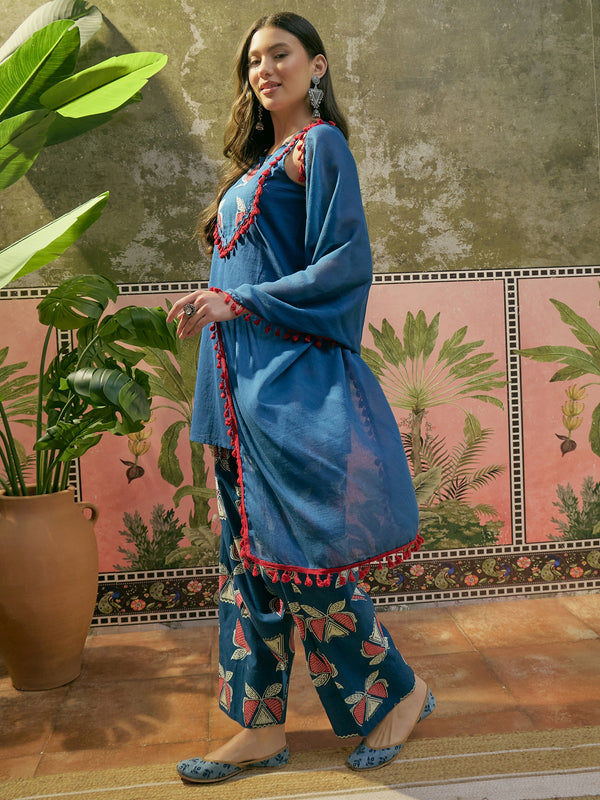 Stylum Women's Blue Solid Cotton Straight Kurti Salwar Dupatta Set (KSDBLUEJUREL)