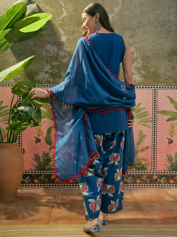 Stylum Women's Blue Solid Cotton Straight Kurti Salwar Dupatta Set (KSDBLUEJUREL)