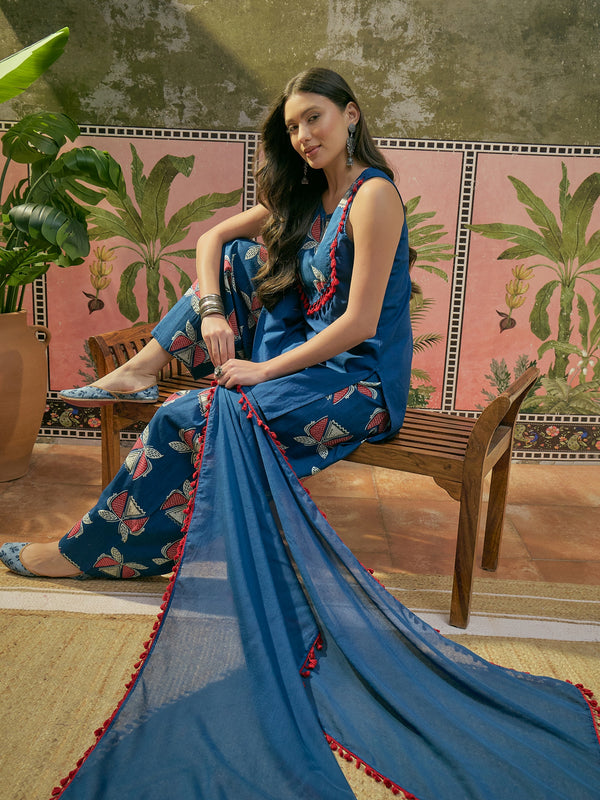 Stylum Women's Blue Solid Cotton Straight Kurti Salwar Dupatta Set (KSDBLUEJUREL)