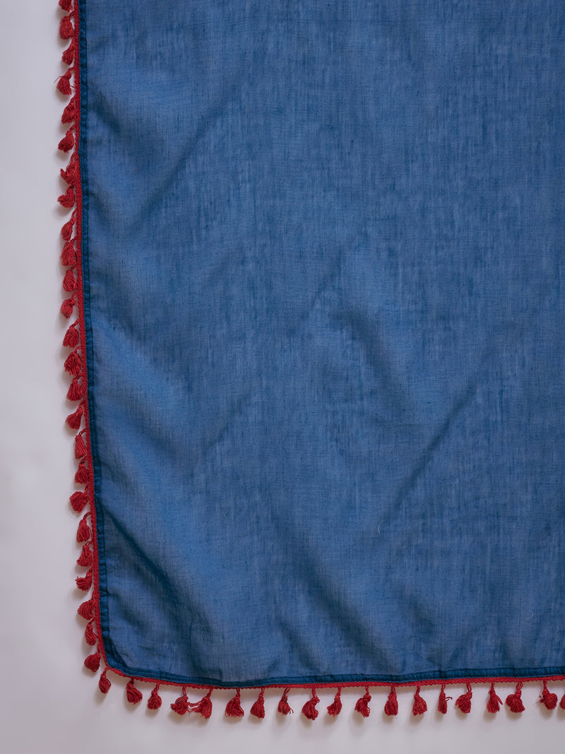 Stylum Women's Blue Solid Cotton Straight Kurti Salwar Dupatta Set (KSDBLUEJUREL)