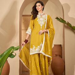 Stylum Women's Mustard Solid & Embroidered Net Straight Kurti Sharara Dupatta Set (KSDMUSTARDGISU)