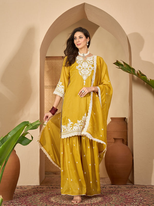 Stylum Women's Mustard Solid & Embroidered Net Straight Kurti Sharara Dupatta Set (KSDMUSTARDGISU)