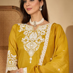 Stylum Women's Mustard Solid & Embroidered Net Straight Kurti Sharara Dupatta Set (KSDMUSTARDGISU)