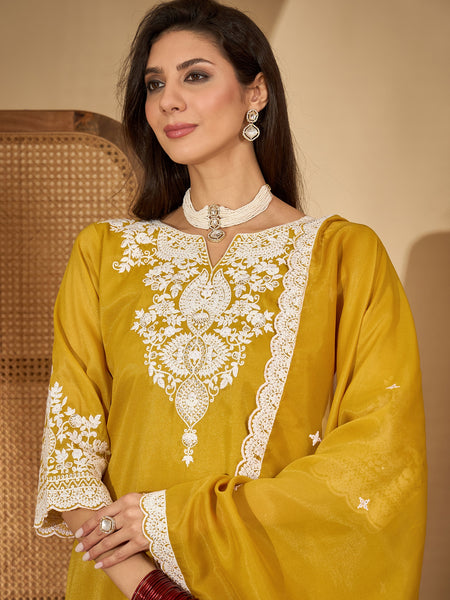 Stylum Women's Mustard Solid & Embroidered Net Straight Kurti Sharara Dupatta Set (KSDMUSTARDGISU)