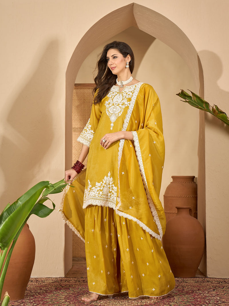 Stylum Women's Mustard Solid & Embroidered Net Straight Kurti Sharara Dupatta Set (KSDMUSTARDGISU)