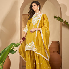 Stylum Women's Mustard Solid & Embroidered Net Straight Kurti Sharara Dupatta Set (KSDMUSTARDGISU)