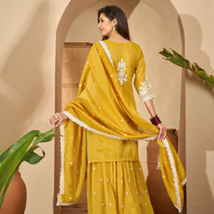 Stylum Women's Mustard Solid & Embroidered Net Straight Kurti Sharara Dupatta Set (KSDMUSTARDGISU)