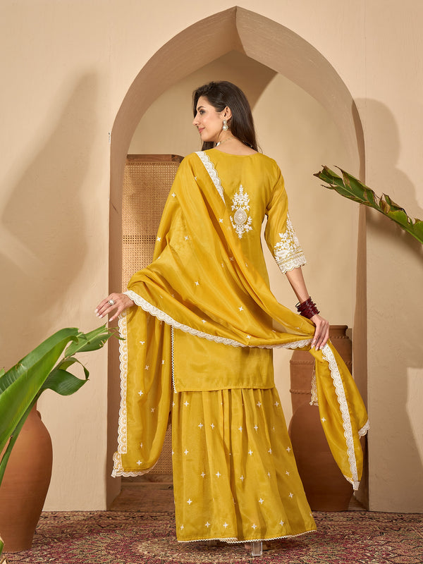 Stylum Women's Mustard Solid & Embroidered Net Straight Kurti Sharara Dupatta Set (KSDMUSTARDGISU)