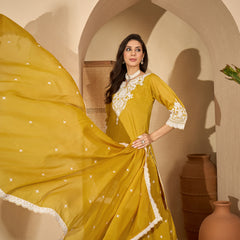 Stylum Women's Mustard Solid & Embroidered Net Straight Kurti Sharara Dupatta Set (KSDMUSTARDGISU)