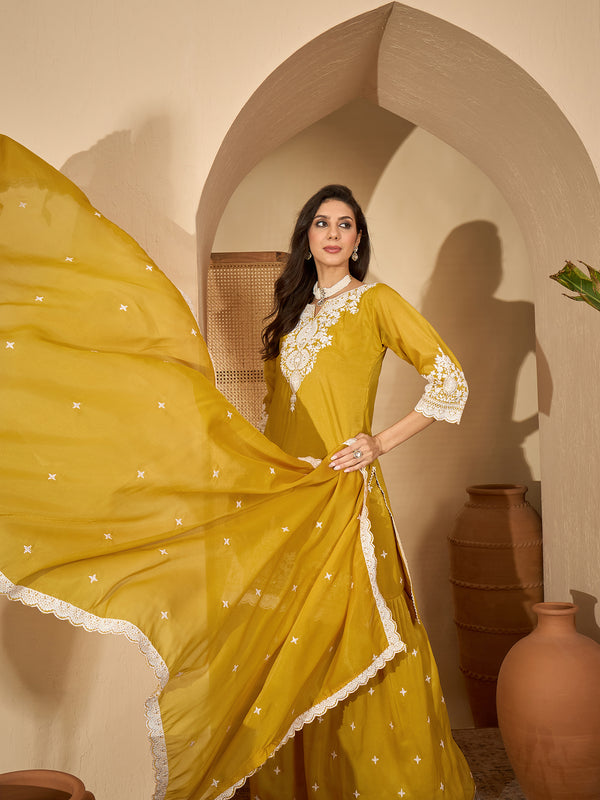 Stylum Women's Mustard Solid & Embroidered Net Straight Kurti Sharara Dupatta Set (KSDMUSTARDGISU)