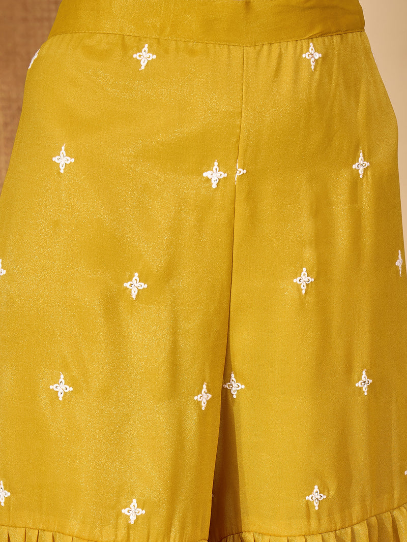 Stylum Women's Mustard Solid & Embroidered Net Straight Kurti Sharara Dupatta Set (KSDMUSTARDGISU)