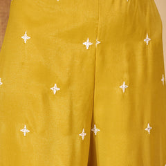 Stylum Women's Mustard Solid & Embroidered Net Straight Kurti Sharara Dupatta Set (KSDMUSTARDGISU)