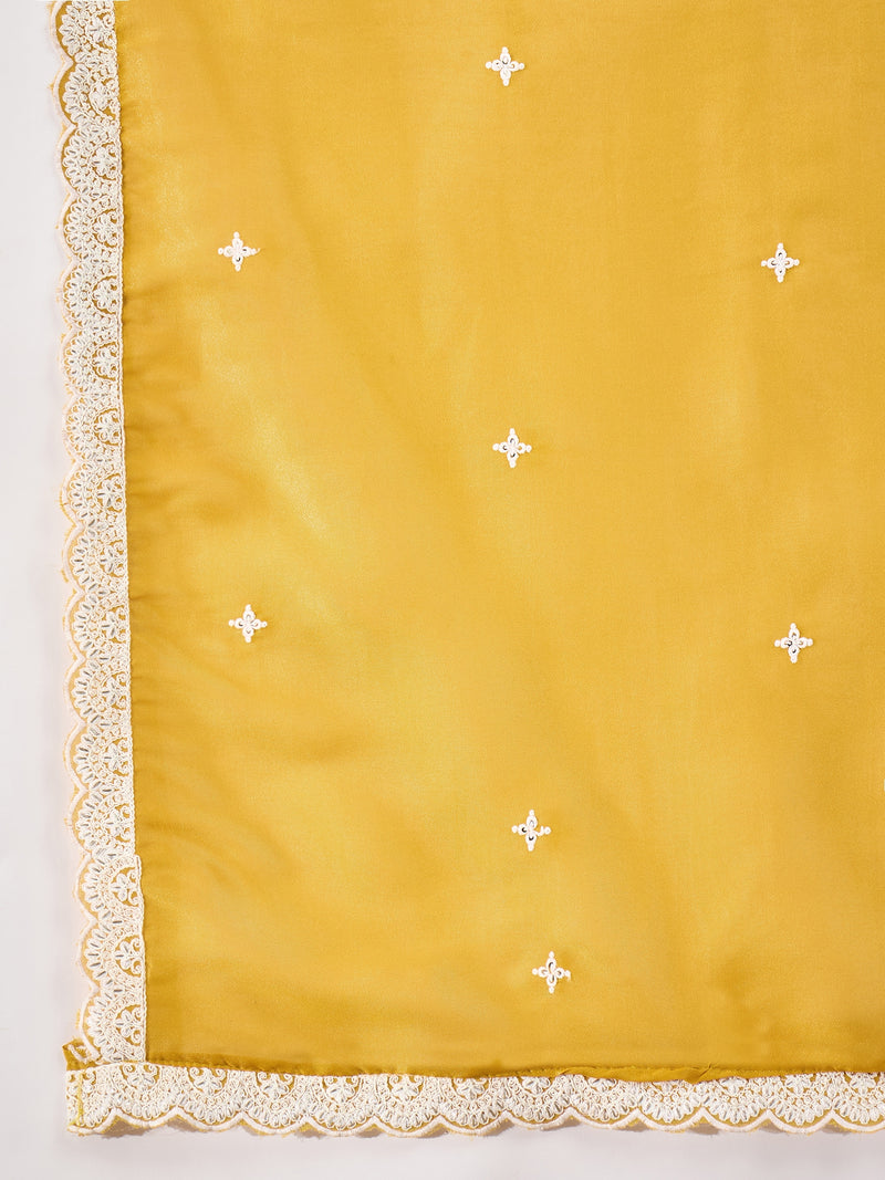 Stylum Women's Mustard Solid & Embroidered Net Straight Kurti Sharara Dupatta Set (KSDMUSTARDGISU)