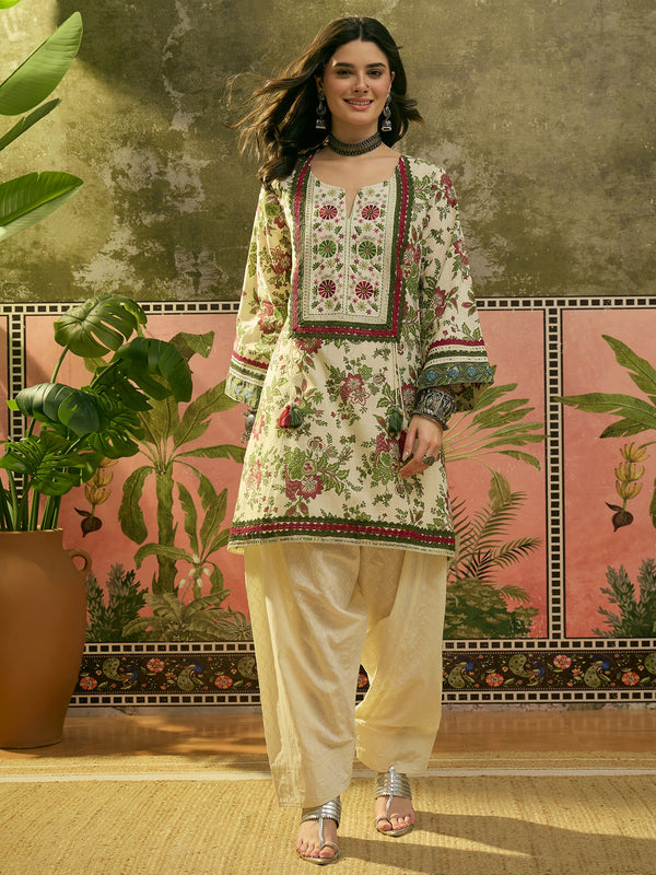 Stylum Women's Red Floral Printed & Embroidered Cotton A-Line Kurti Farshi Salwar Set (KSREDALIZA)