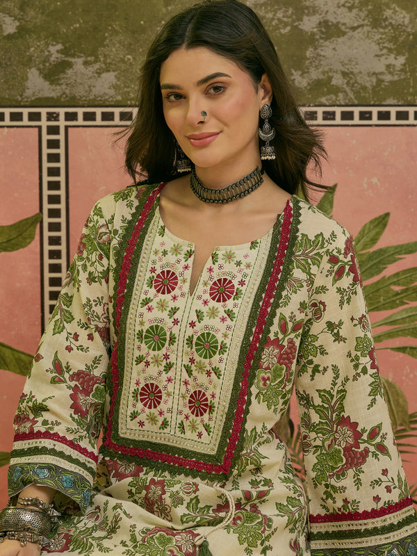 Stylum Women's Red Floral Printed & Embroidered Cotton A-Line Kurti Farshi Salwar Set (KSREDALIZA)