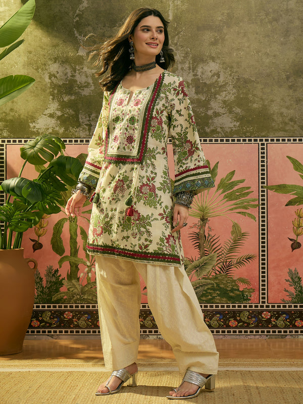 Stylum Women's Red Floral Printed & Embroidered Cotton A-Line Kurti Farshi Salwar Set (KSREDALIZA)