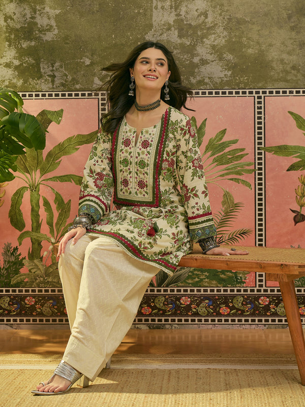 Stylum Women's Red Floral Printed & Embroidered Cotton A-Line Kurti Farshi Salwar Set (KSREDALIZA)