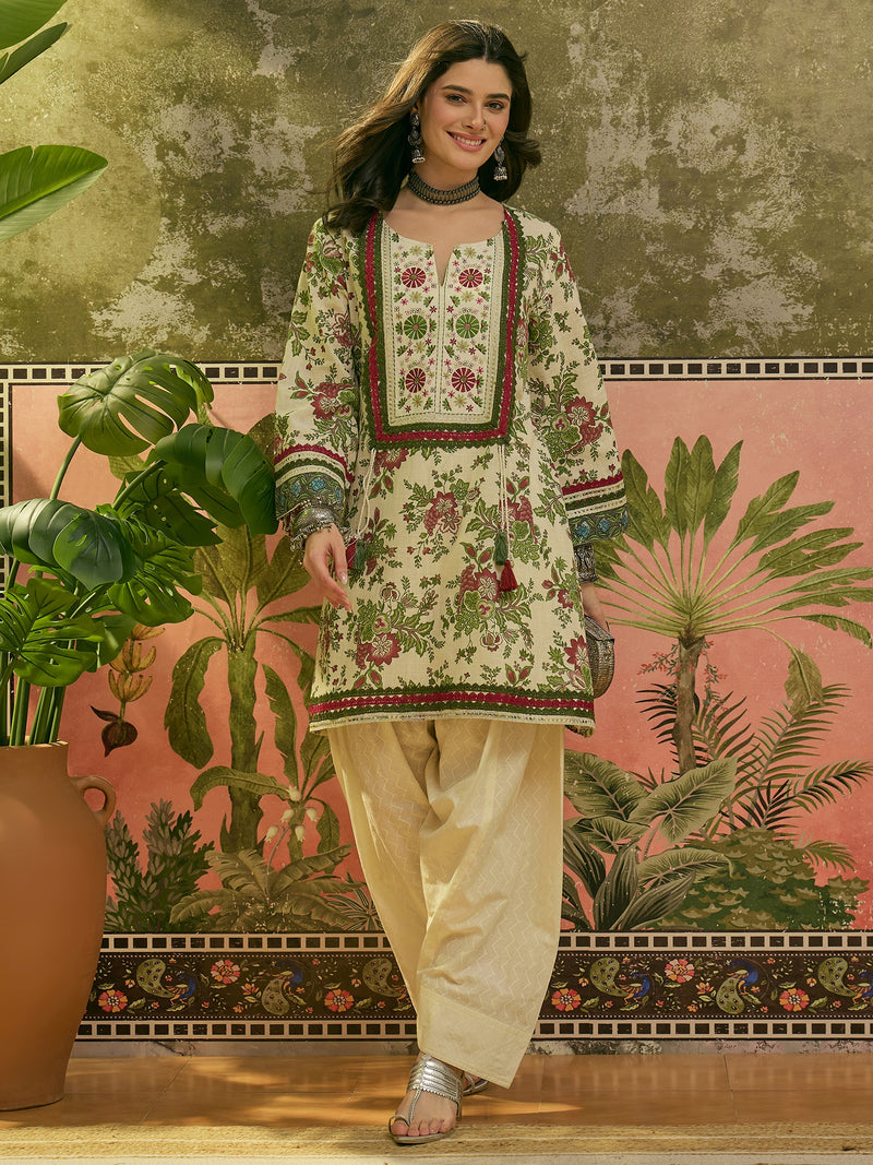 Stylum Women's Red Floral Printed & Embroidered Cotton A-Line Kurti Farshi Salwar Set (KSREDALIZA)