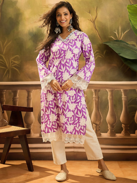 Stylum Women's Purple Floral Printed Cotton Straight Kurta (PURPLEGALI)