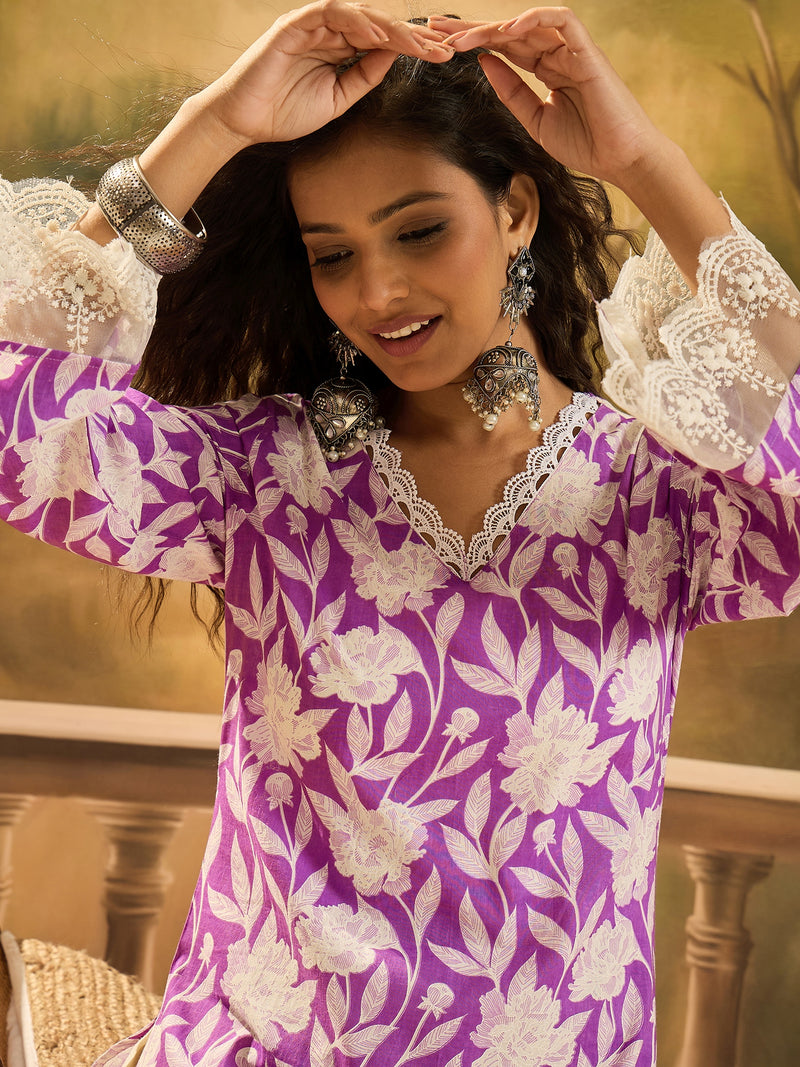 Stylum Women's Purple Floral Printed Cotton Straight Kurta (PURPLEGALI)