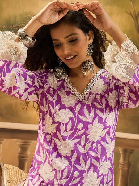 Stylum Women's Purple Floral Printed Cotton Straight Kurta (PURPLEGALI)