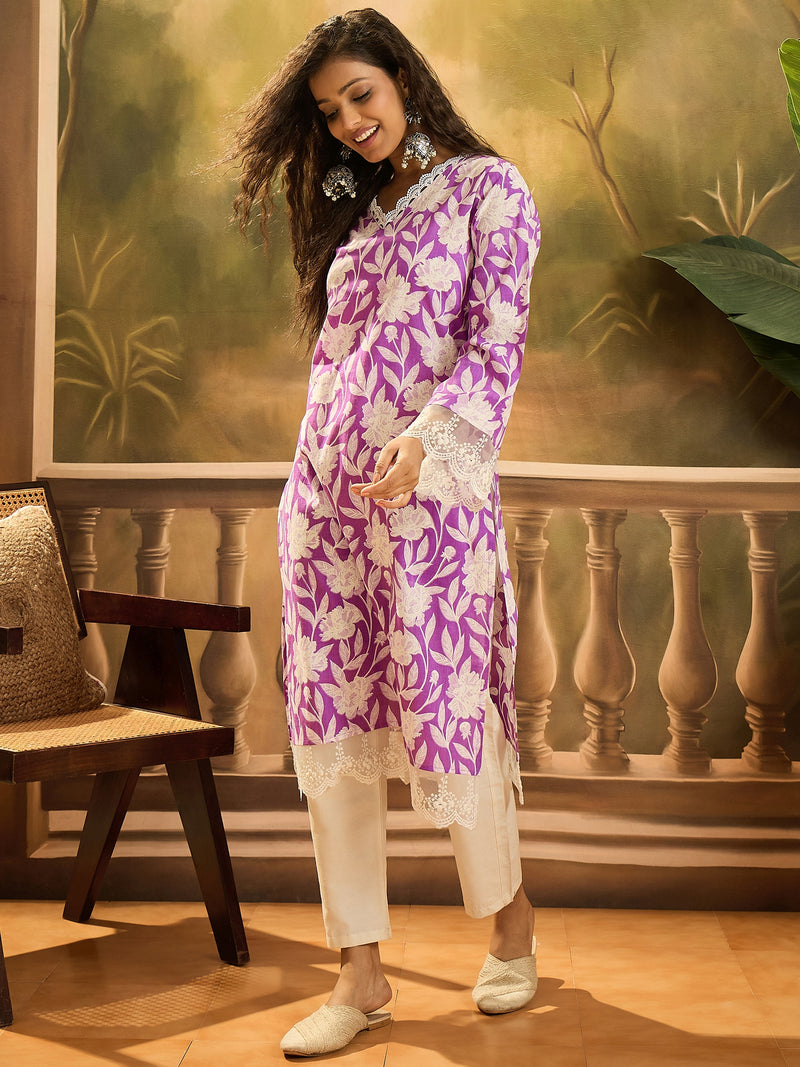 Stylum Women's Purple Floral Printed Cotton Straight Kurta (PURPLEGALI)