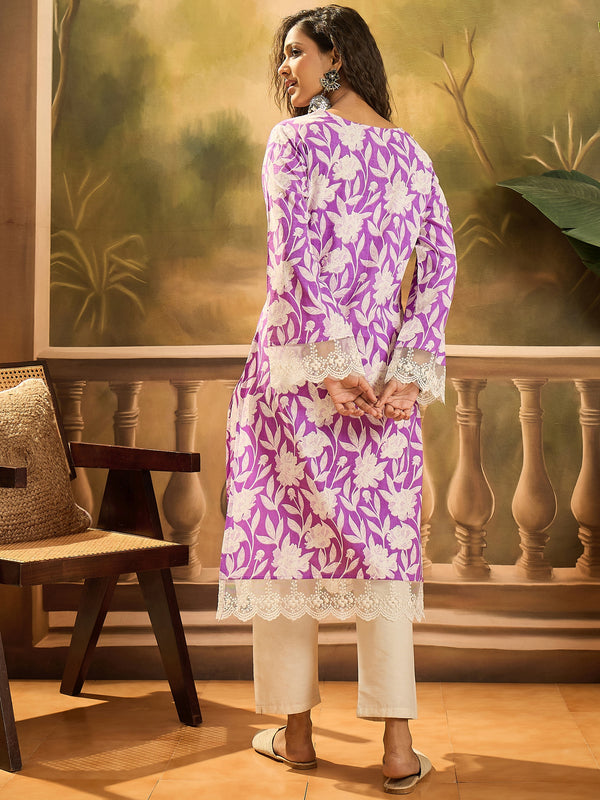 Stylum Women's Purple Floral Printed Cotton Straight Kurta (PURPLEGALI)